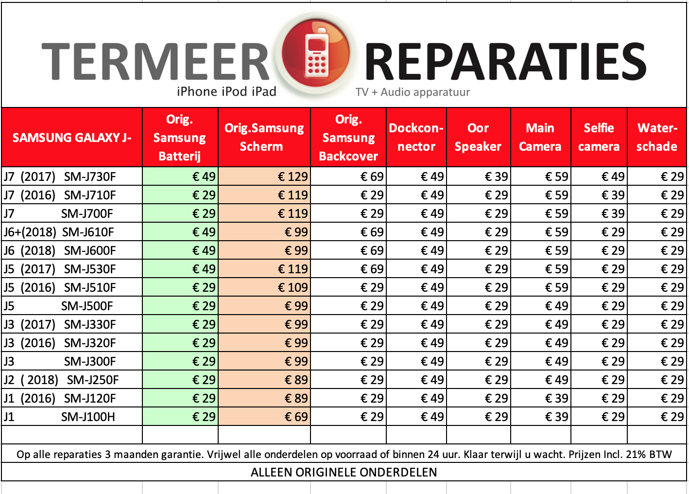 prijs reparatie samsung j termeer tiel